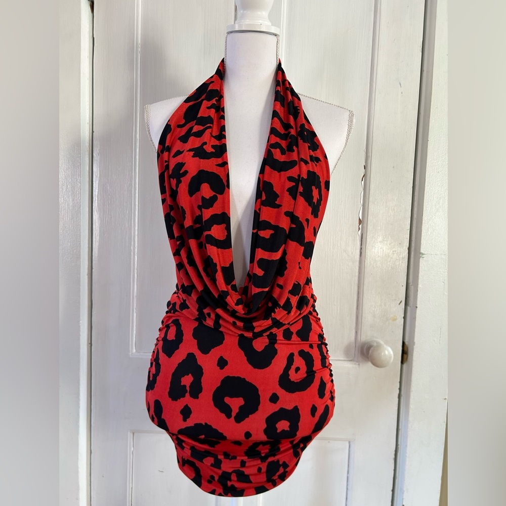 Symphony Red&Black Leopard Print Drape Front Halter Dress size Small